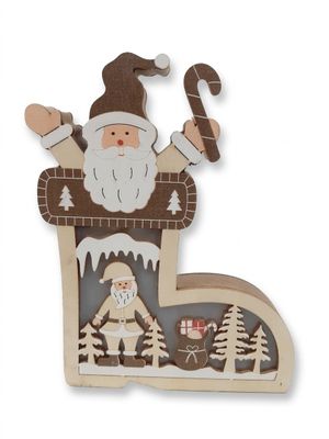 chaussette de Noël en bois représentant le Père Noël tenant une canne en sucre d'orge