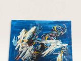 a painting of a man riding a motorcycle on top of a blue surface