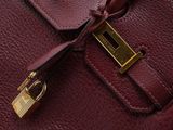 the red leather handbag has a gold lock on it