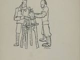 drawing of two men sitting at a table with a cat on a stool