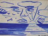 dessin à l'encre bleue représentant le visage d'un homme avec un bateau en arrière-plan