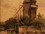 an oil painting of a windmill in a rural setting with a man standing in front of it