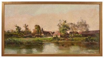 une image représentant un tableau représentant une scène de vie à la ferme avec un étang