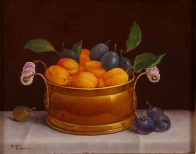 un tableau représentant un bol d'oranges et de prunes posé sur une table