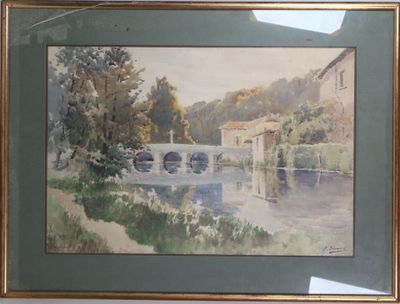 painting of a bridge over a body of water with a building in the background