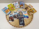 a lot of books on a wicker basket on the table