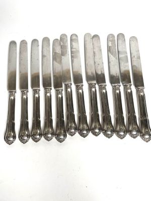 eight silverplated knives are lined up on a white surface