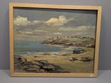 une image d'une peinture représentant une scène de plage avec un bateau dans l'eau