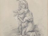 un vieux dessin représentant une femme tenant un enfant sur ses genoux