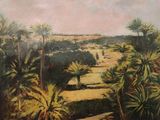 une peinture à l'huile représentant un paysage avec des palmiers et une rivière