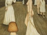 un tableau représentant une femme debout dans une pièce en compagnie d'autres personnes