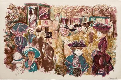 dessin représentant un groupe de femmes coiffées de chapeaux et vêtues de robes dans un jardin