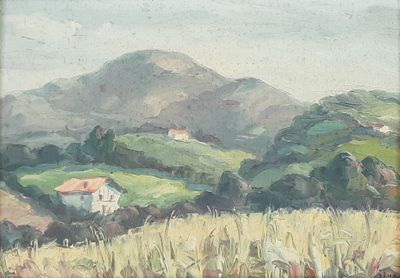 painting of a field with a house in the distance and mountains in the background