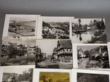 several old black and white photographs of a town and a river