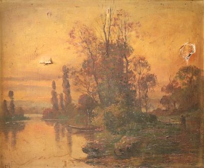 un vieux tableau représentant une rivière survolée par des oiseaux