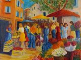 tableau représentant un groupe de personnes faisant leurs courses dans un marché en plein air