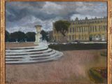an oil painting of a fountain in front of a large building