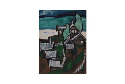 a painting of a house on a hill by the ocean