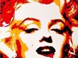 a close up of a painting of a woman with a red hat on her head