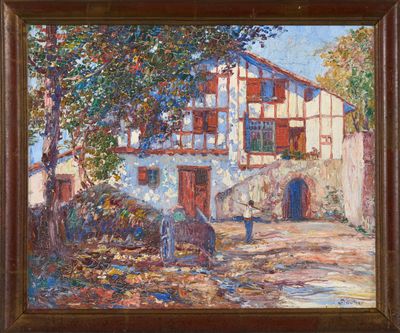 an oil painting of a house in a country setting