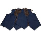 three pieces of blue vests with brown ties on a white background
