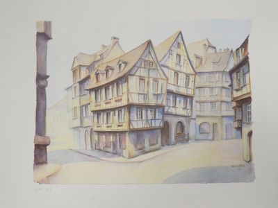 a picture of a painting of a building on the street