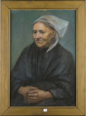 a painting of a woman in a black dress with a white hat