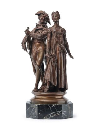 une image représentant une statue en bronze d'un homme et d'une femme posée sur un socle en marbre