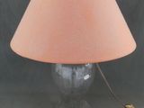 a glass lamp with a pink shade on top of it