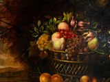 a painting of a basket of fruit on a table