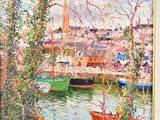 a painting of boats on the water in a harbor
