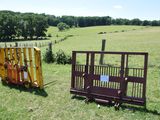 fenced in area with a field of green grass and trees in the background