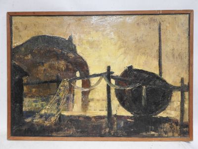 École du début du XXe siècle. Étretat - bateau sur la plage. - Photo 1