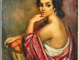 a painting of a woman with a basket of fruit in her hand