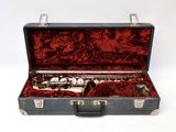 a silver flute in a case on a white background