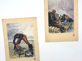 Deux tableaux représentant des hommes en uniforme militaire sont accrochés au mur.
