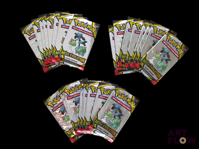 six packs of pokemon trading cards on a black background
