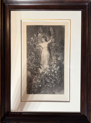an old picture of a woman standing in a garden with flowers
