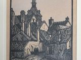 drawing of a view of a village with a church steeple in the background