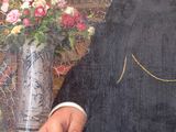 painting of a man in a suit and tie sitting in front of a vase of flowers