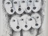 a drawing of a group of people with faces on them