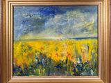 une peinture à l'huile représentant un champ de fleurs jaunes avec un oiseau dans le ciel