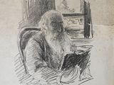 drawing of an old man sitting in a chair with a book