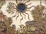 tableau représentant un soleil et un bateau au milieu d'une forêt