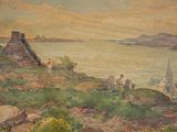 un tableau représentant des personnes sur une colline au bord de l'eau