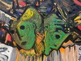 an oil painting of two green fish sitting on top of a table