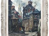 an oil painting of a street scene with buildings and a clock tower in the background