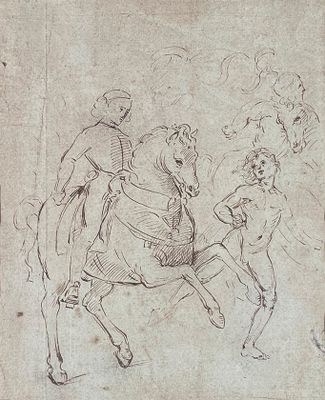 Dans le goût de RAPHAËL. Cavaliers et personnage. Plume et encre brune - Photo 1