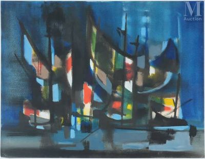 peinture abstraite représentant des bateaux dans un port la nuit