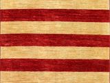 a red and yellow striped rug on a white background